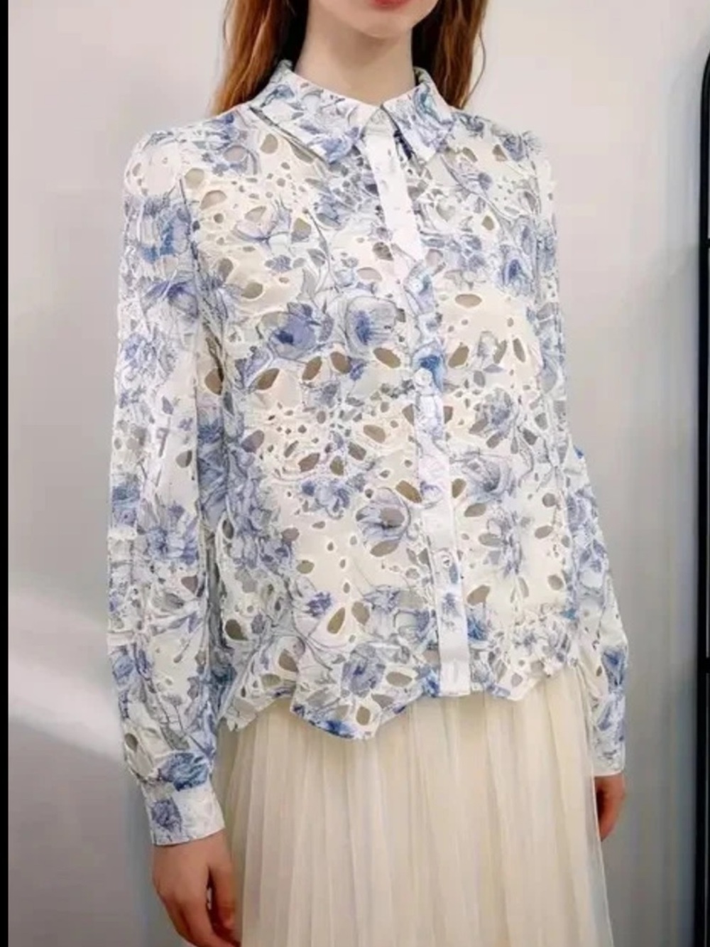 Caroline Constas Blue Floral Eyelet Button Up Top Medium NEW NWT - Picture 2 of 8